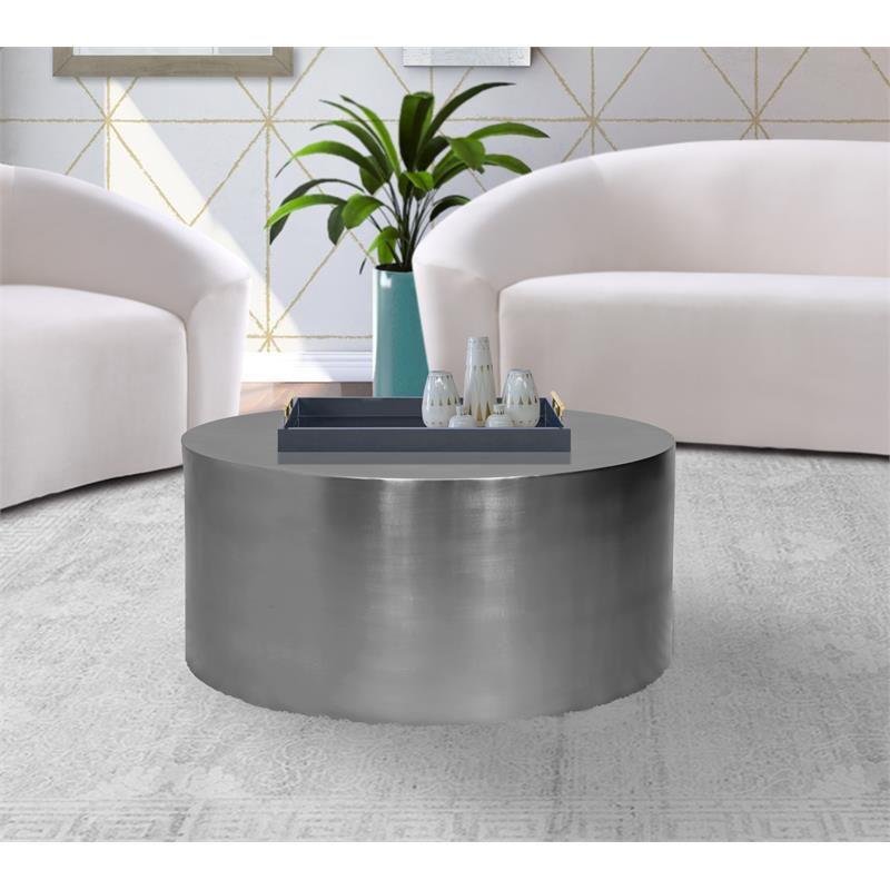 Cylinder Round Brushed Chrome Metal Coffee Table-Meridian Furniture