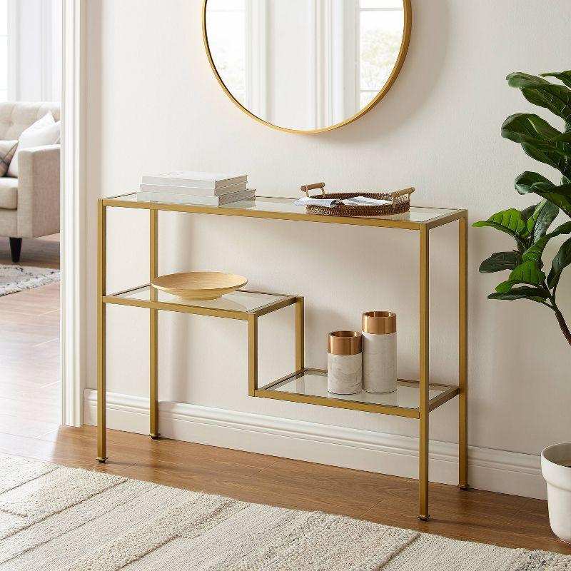 Gold and Clear Glass Industrial Console Table with Storage