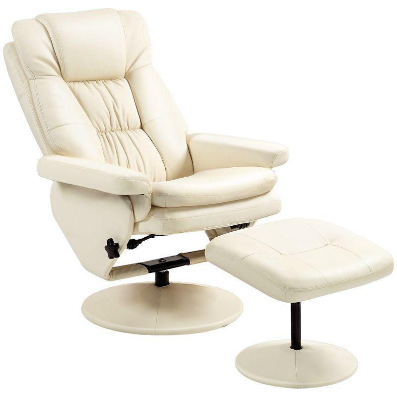 Cream White Faux Leather Swivel Recliner with Ottoman