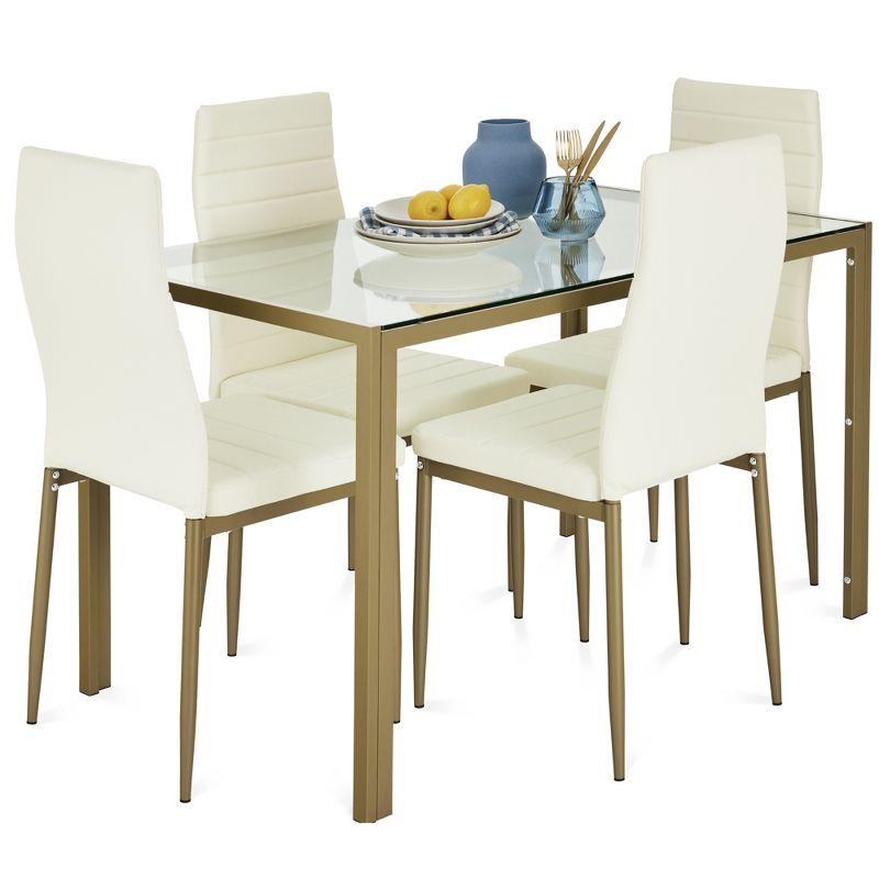 Hekimhan 5-Piece Kitchen Dining Table Set w/ Glass Tabletop, 4 Faux Leather Chairs