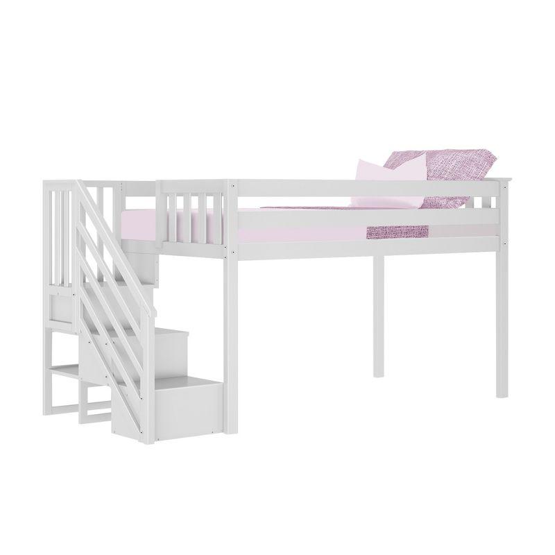 White Twin Low Loft Bed with Storage Stairs and Pine Frame