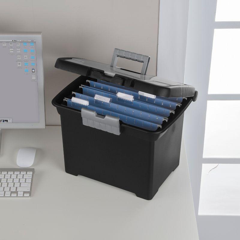 Sterilite Medium Letter File Box Black: Plastic File Organizer with Handle & Clear Cover, 8.5x11 Inch Storage Bin