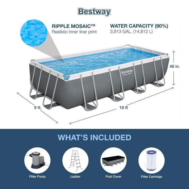 Bestway Power Steel 18' x 9' x 48" Rectangular Metal Frame Above Ground Swimming Pool Set with 1,500 GPH Filter Pump, Ladder, and Pool Cover