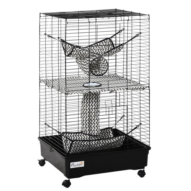 PawHut 42" Black Metal Ferret Cage with Hammocks and Tunnels