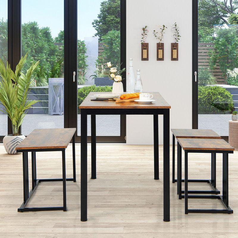 Rustic Brown and Black 4-Piece Dining Table Set with Bench and Stools