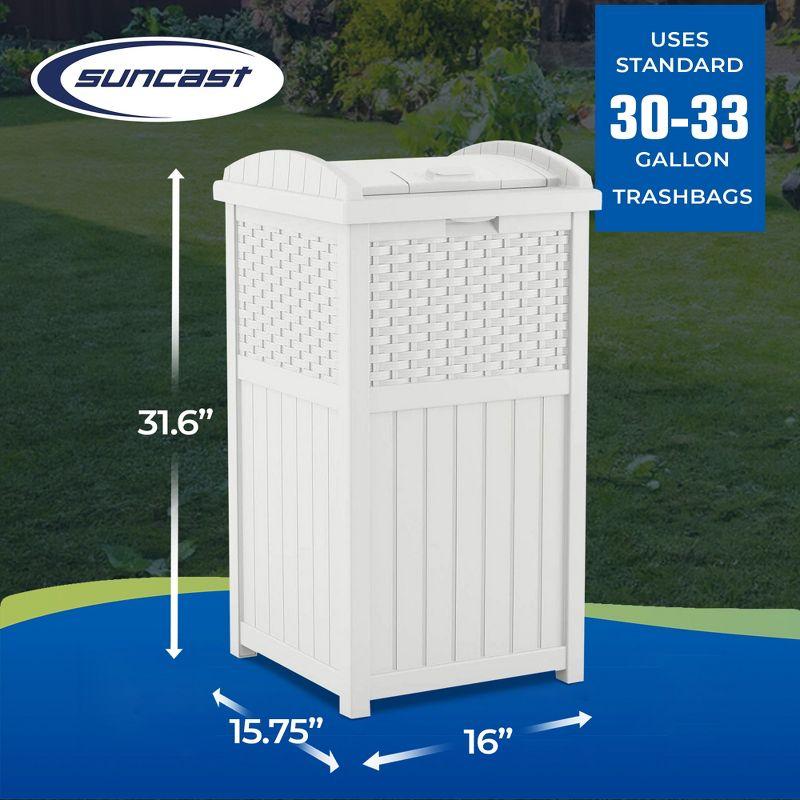 Suncast Wicker Resin Outdoor Hideaway Trash Can Bin with Latching Lid for Use in Backyard, Deck, or Patio, White (2 Pack)