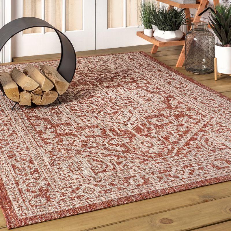 8'x10' Sinjuri Medallion Textured Weave Indoor/Outdoor Area Rug, Red/Taupe - JONATHAN Y