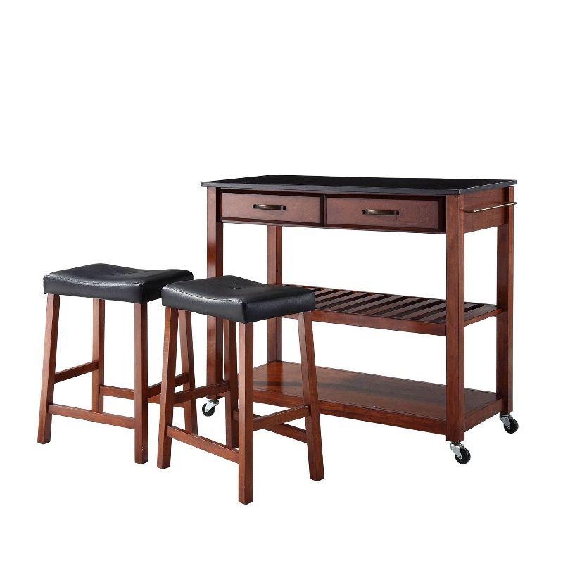 Cherry Finish Granite Top Kitchen Cart with Storage and Saddle Stools