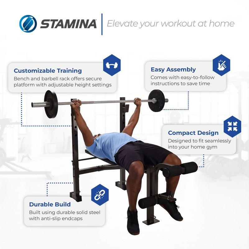 Stamina Adjustable Steel Weights Bench and Barbell Rack Combo Set with Resistance Band Anchor Points for Home Gym Workout or Exercise Equipment, Black