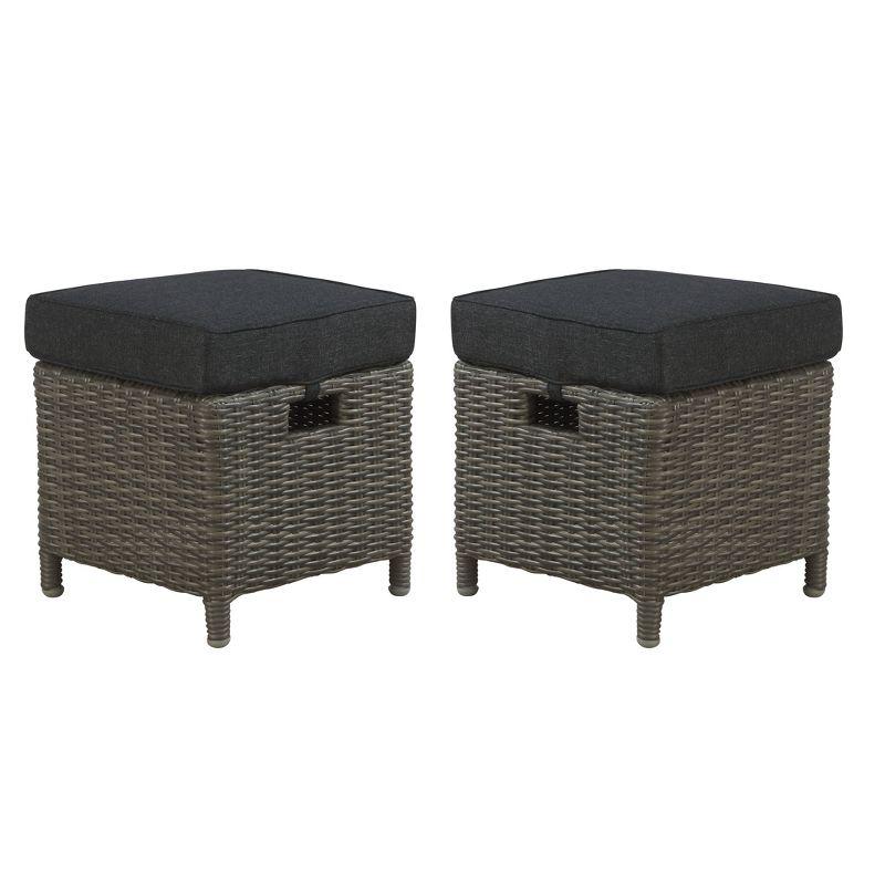 Asti Gray Wicker Outdoor Ottomans with Cushions, Set of 2