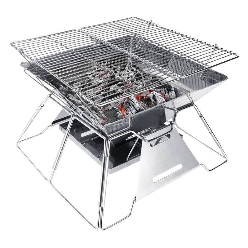 Brentwood 14-In. x 14-In. Stainless Steel Portable Folding Charcoal BBQ Grill and Outdoor Fire Pit with Carry Bag, BB-4X14SS in Silver