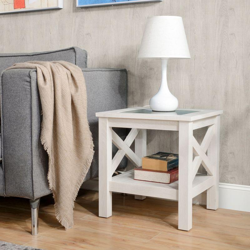 White Oak Farmhouse End Table with Glass Top and Storage Shelf