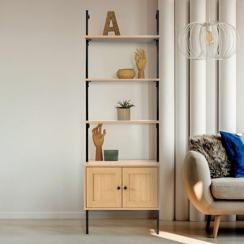 Light Oak and Black Wall-Mounted Ladder Bookcase with Cabinet