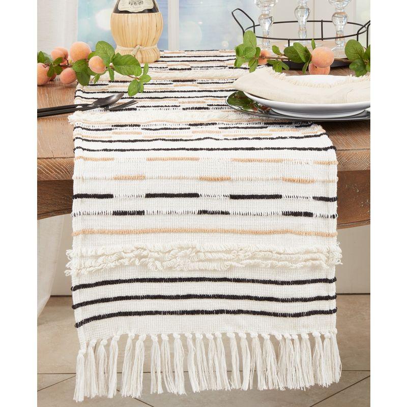 Ivory and Black Cotton Textured Corded Table Runner with Fringe