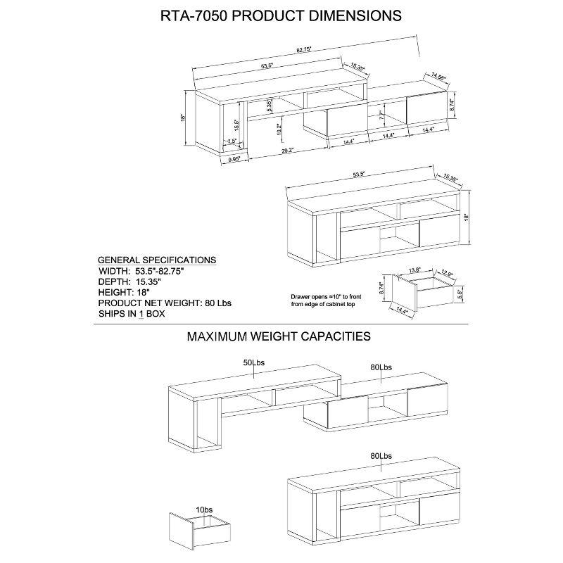 Adjustable TV Stand for TVs up to 65" Console Gray - Techni Mobili: Expandable, with Open Shelves & Metal Hardware