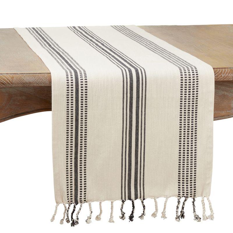 Black and White Cotton Striped Table Runner with Fringe