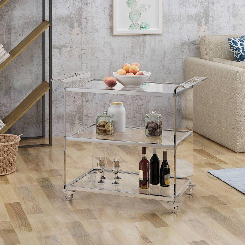 Yves Acrylic Bar Trolley Clear - Christopher Knight Home: Tempered Glass Shelves, Modern Serving Cart with Casters/Wheels