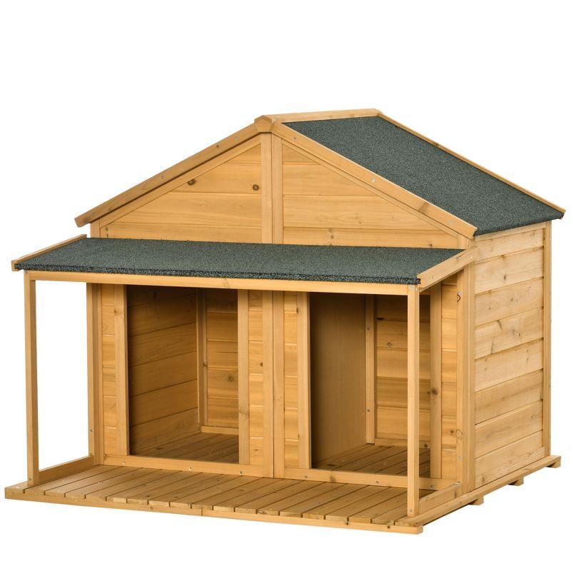 PawHut Wooden Dog House Outdoor Duplex for 2 Medium or Small Dogs, Outdoor Double Dog House with Porch, 50" x 43" x 43"