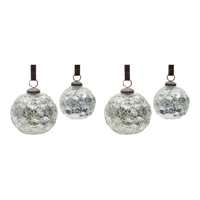 Silver Mercury Glass Ball Ornaments Set with Velvet Ribbon