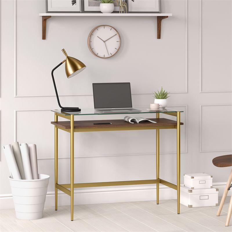 36" Brass Finish Desk with Walnut Shelf - Henn&Hart