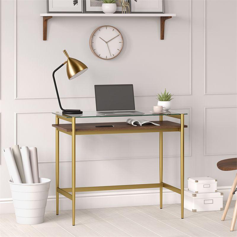 Eaton Mid-Century Brass Desk with Tempered Glass Top and Walnut Shelf