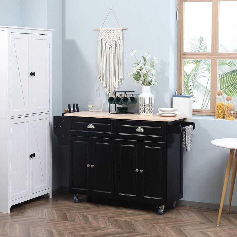 HOMCOM Rolling Kitchen Island Drop Leaf, Kitchen Cart on Wheels, Solid Wood Top Breakfast Nook with Storage Drawers, Cabinets and Spice Rack, Black