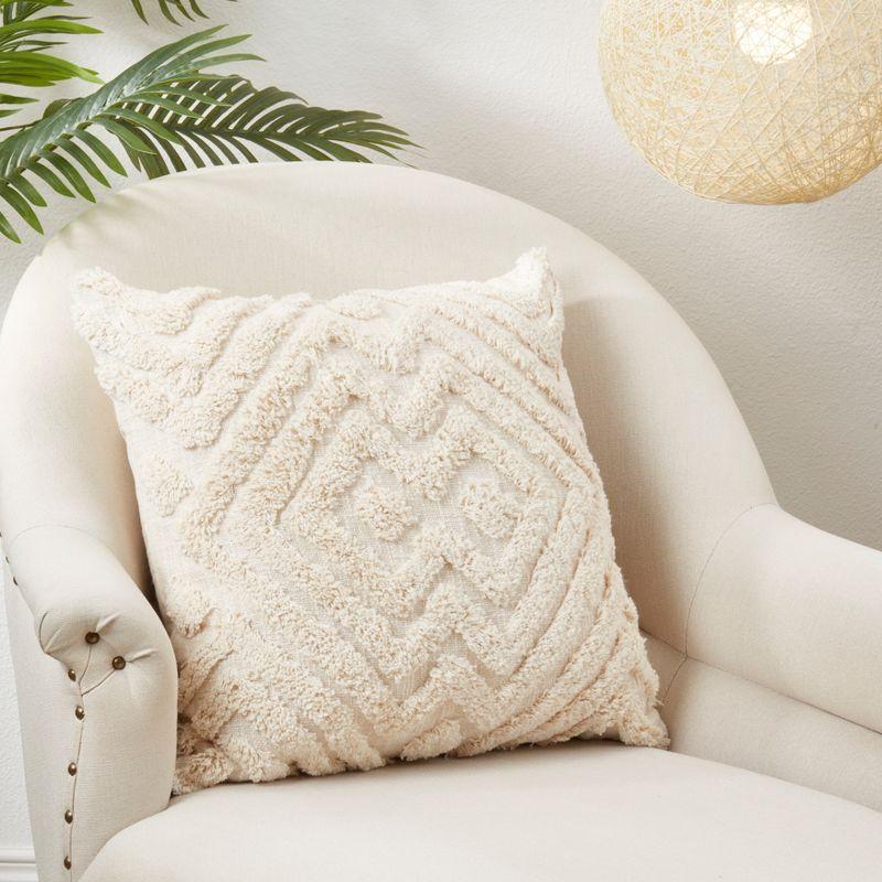 Beige Chevron Tufted Cotton Throw Pillow, 20"x20"