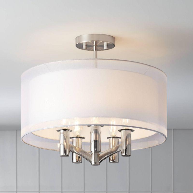 Elegant Brushed Nickel 21" Semi-Flush Ceiling Light with Sheer Silver Double Drum