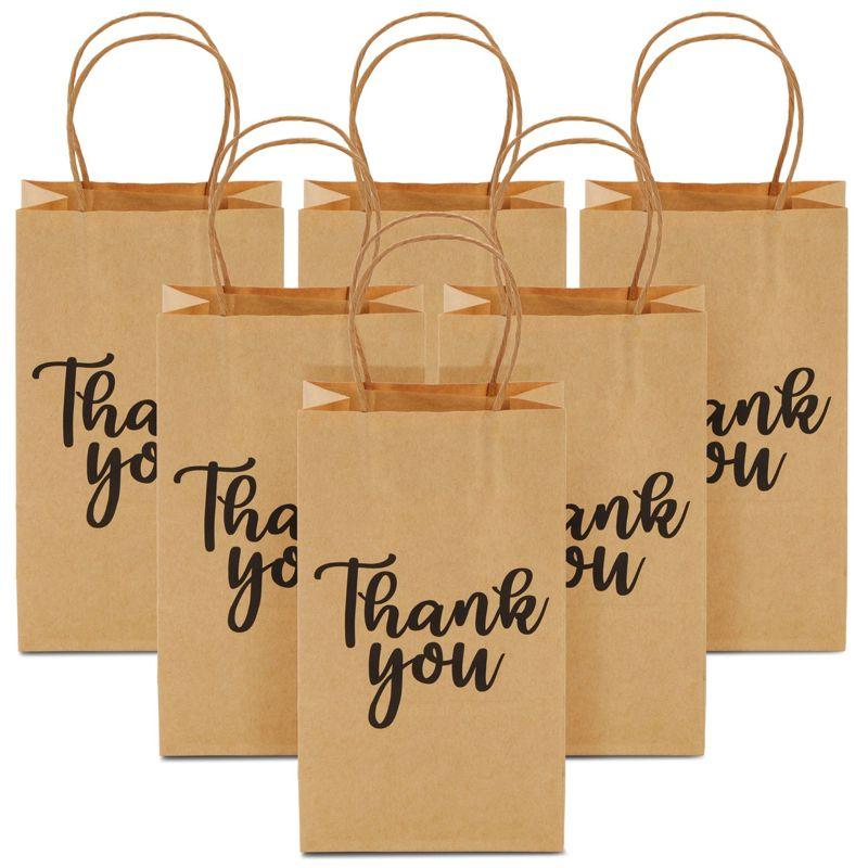 Sparkle and Bash 100-Pack Small Thank You Gift Bags with Handles, Brown Kraft Paper Material Bag Bulk for Wedding Birthday Favor, 9x5.3x3.15 in