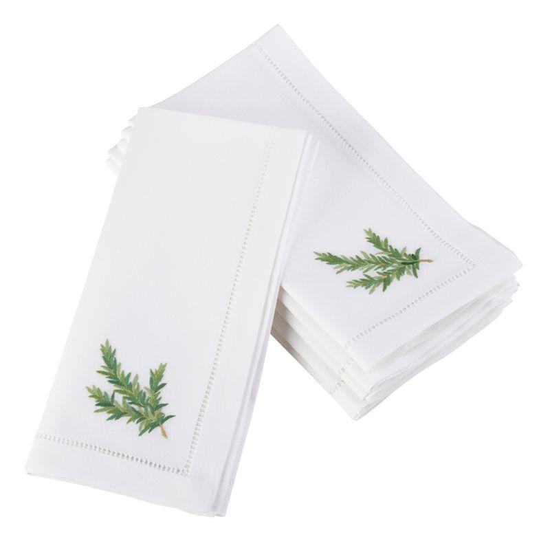 White Cotton Napkins with Embroidered Rosemary Design, Set of 6