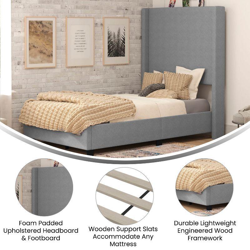 Merrick Lane Modern Platform Bed - Gray Faux Linen - Queen - Padded Wingback Headboard - 8.5" Floor Clearance - Wood Support Slats - No Box Spring Needed