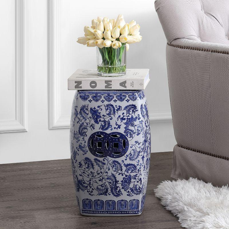 JONATHAN Y Floral Vine 18.5" Chinoiserie Ceramice Square Garden Stool, Blue/White