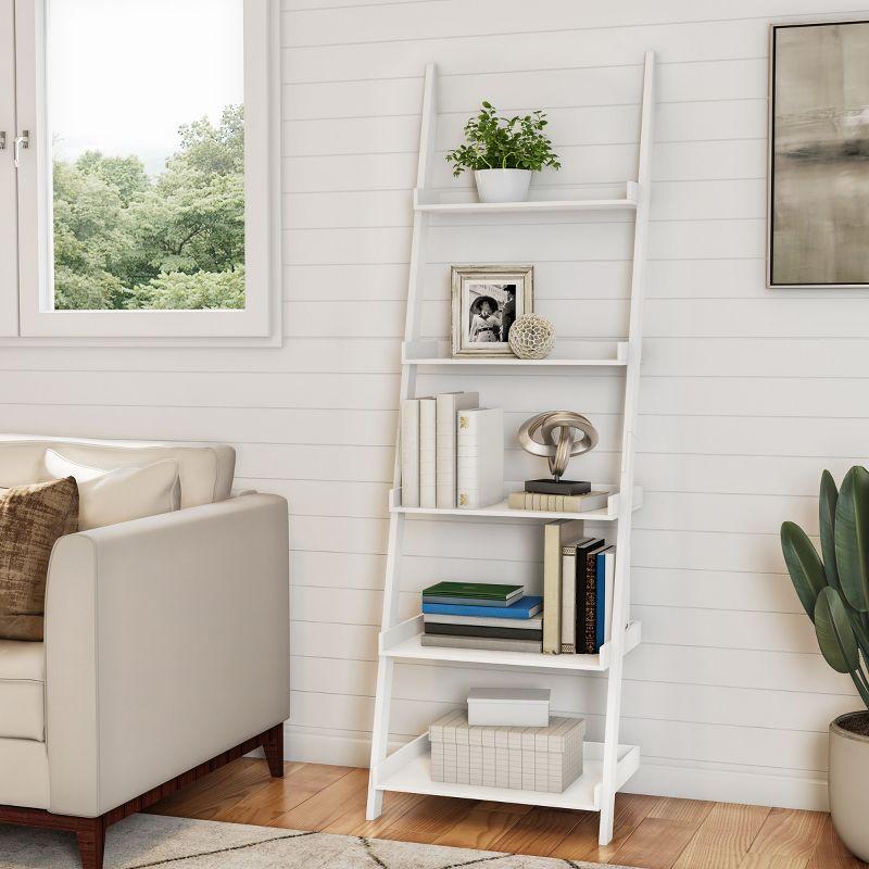 White 5-Tier Wood Ladder Bookshelf for Storage