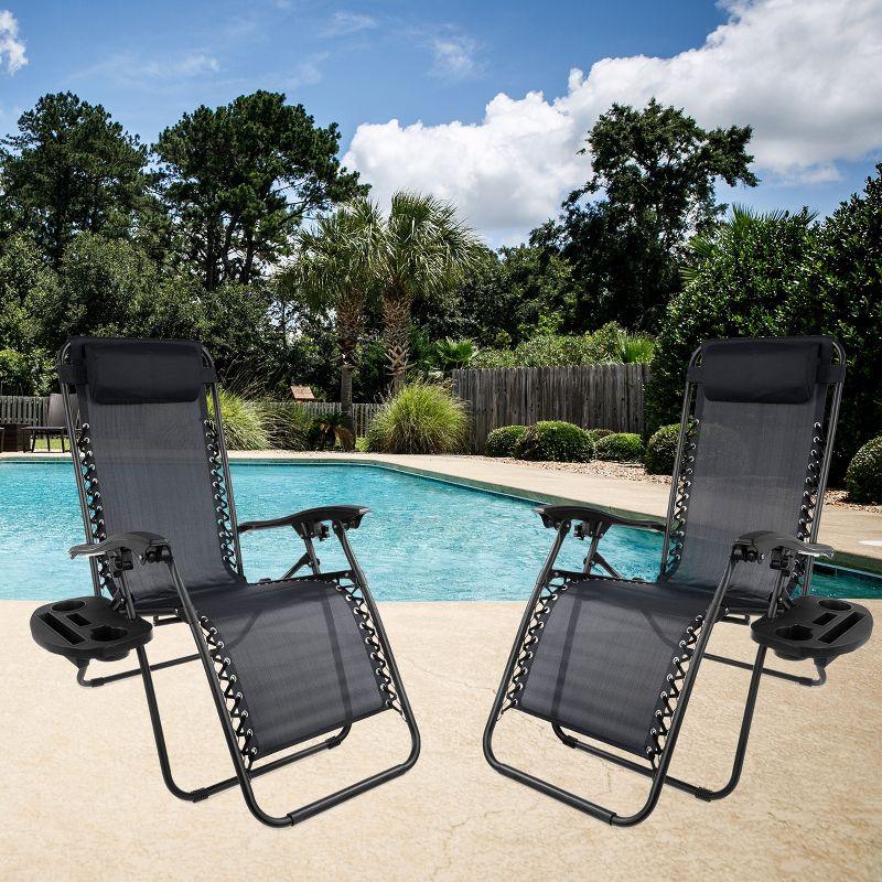 Set of 2 Zero Gravity Outdoor Chairs with Side Tables, Cupholders, Phone, and Tablet Holder and Chair Pillow by Lavish Home, Black