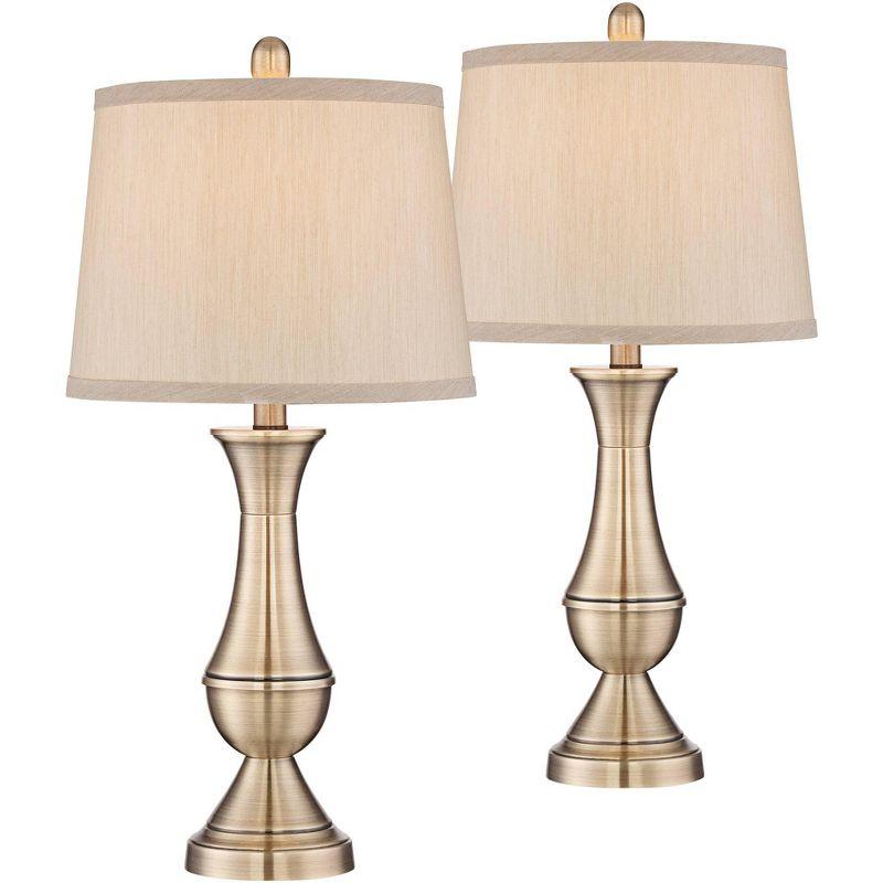 Antique Brass Metal Table Lamps with Beige Drum Shades, Set of 2