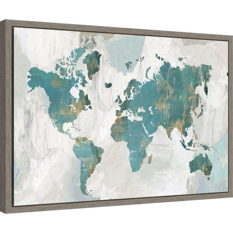 Amanti Art Teal World Map by Pamela Collabera Canvas Wall Art Print Framed 23 x 16-in.