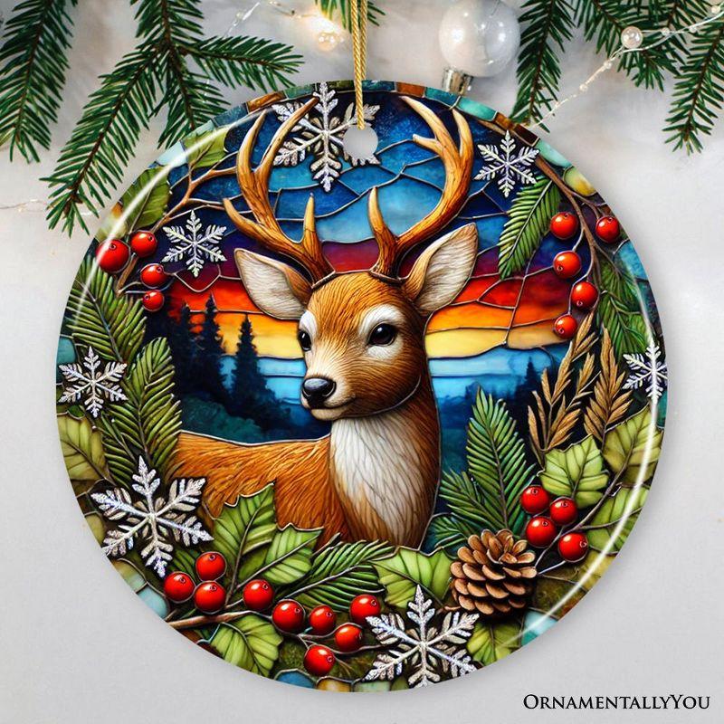 Majestic Winter Deer with Holly Branches Porcelain Ornament