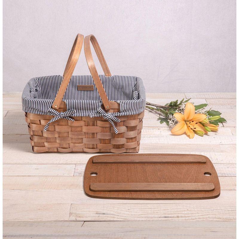 Picnic Time Kansas Handwoven Wood Picnic Basket with Navy Blue and White Stripe
