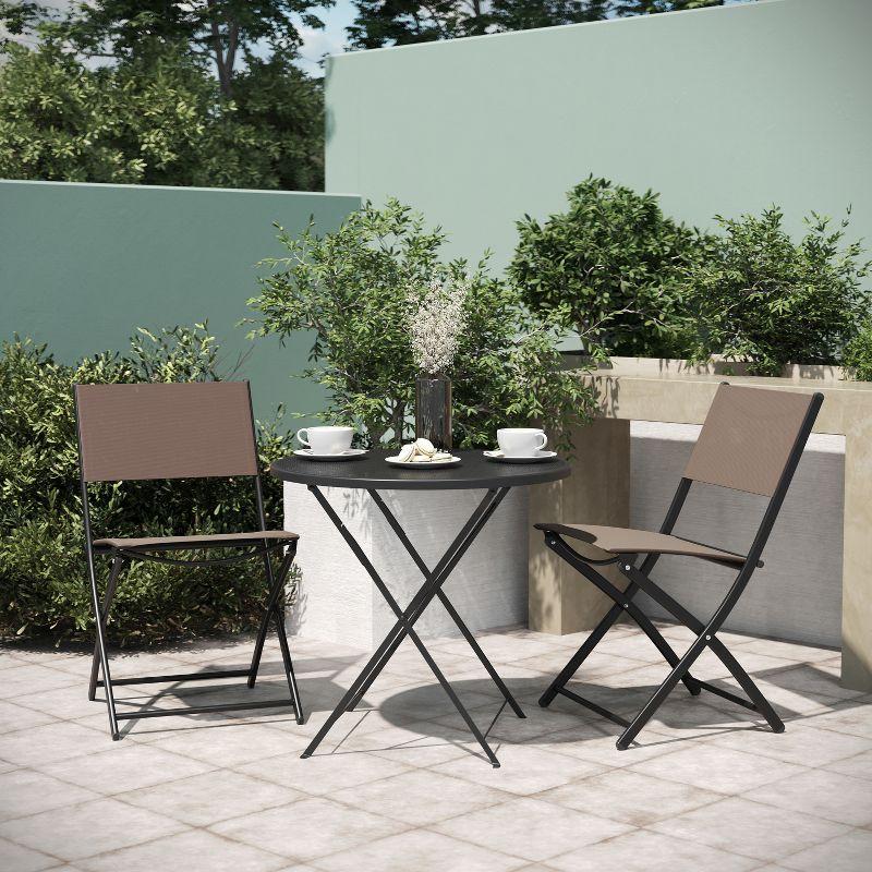 Emma and Oliver Set of 2 Folding Chairs for Indoor/Outdoor Use with Brown Flex Comfort Material and Black Steel Frames