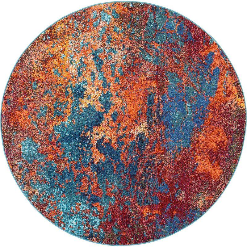 Round Blue Abstract Synthetic Easy Care Rug, 5'3"