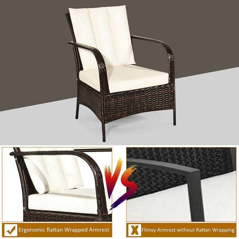 Costway 3 PCS Patio Rattan Furniture Set Coffee Table & 2 Rattan Chair W/White Cushions