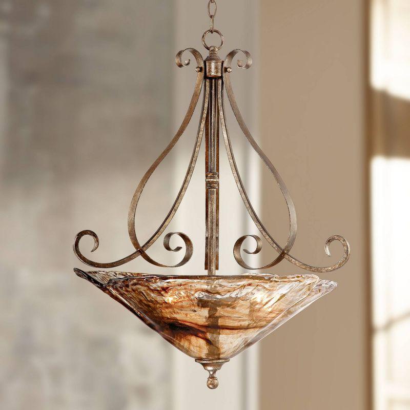 Franklin Iron Works Amber Scroll Golden Bronze Pendant Chandelier 24 3/4" Wide Rustic Art Glass Bowl 3-Light Fixture for Dining Room Kitchen Island