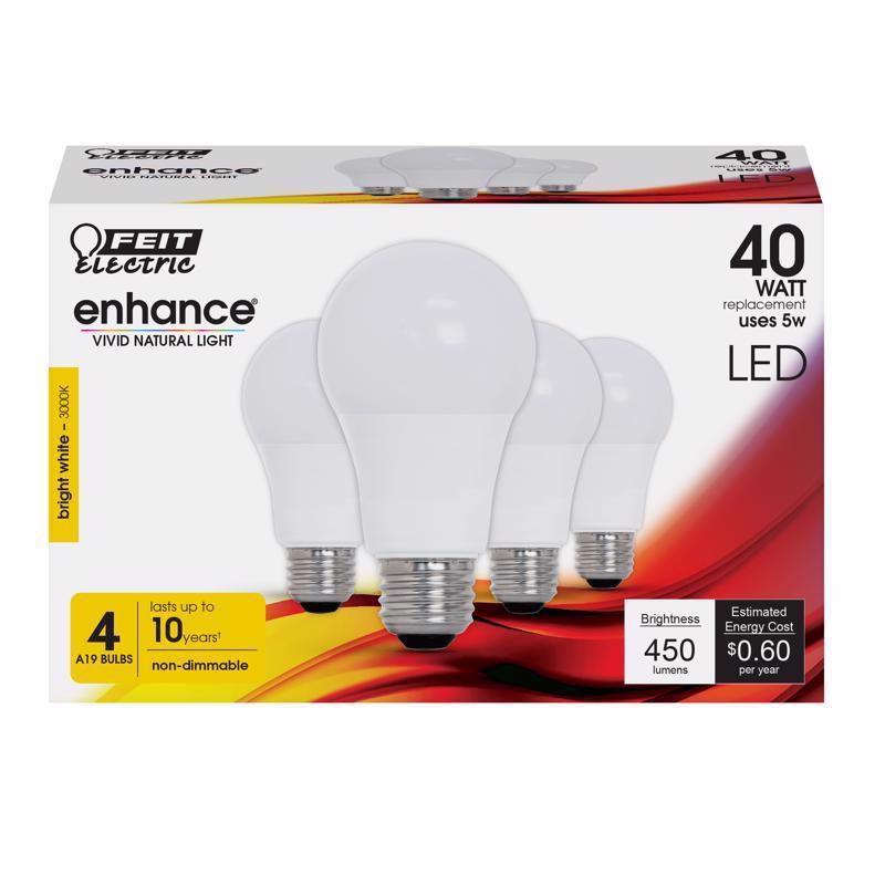 Feit Electric Enhance A19 E26 (Medium) LED Bulb Bright White 40 Watt Equivalence 4 pk