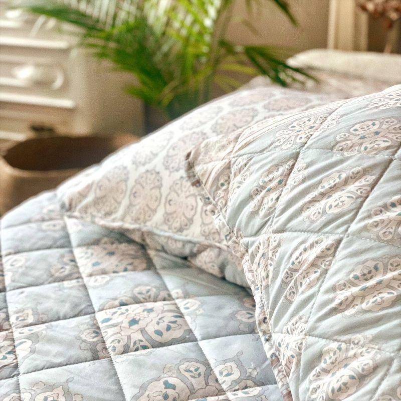 2pc Twin Printed Vintage Quilt Bedding Set Beige/Blue - Patina Vie: Reversible Damask Pattern, OEKO-TEX Certified