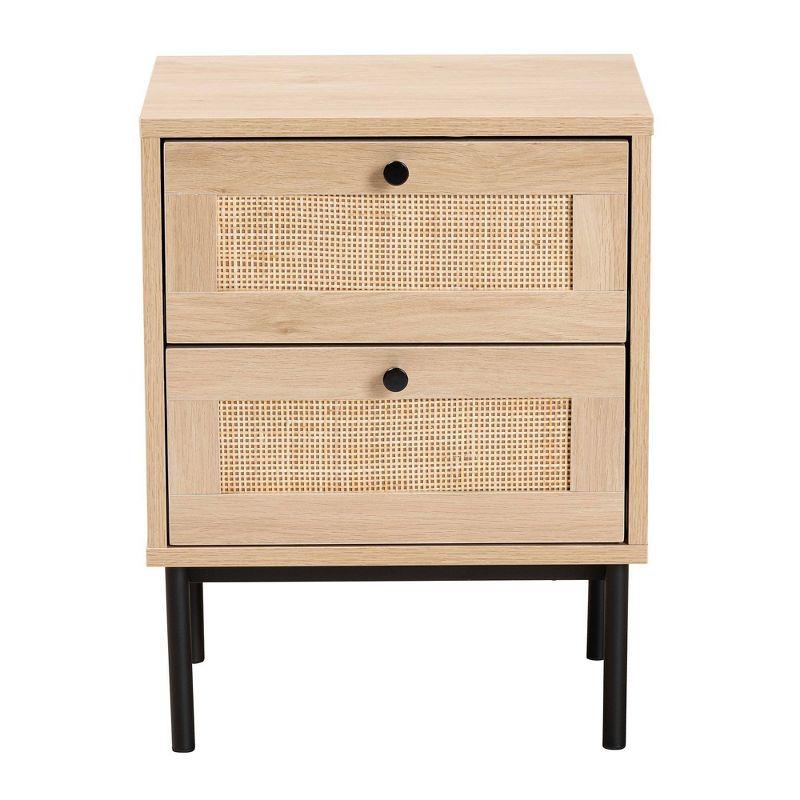 Baxton Studio Sherwin 2 Drawer End Table with Woven Rattan Accent Light Brown/Black: Mid-Century Storage, Metal Base