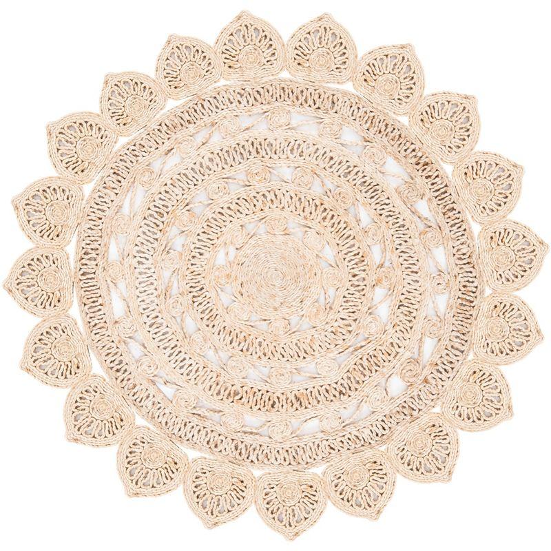 Hand-Woven Natural Jute Round Area Rug with Floral Design