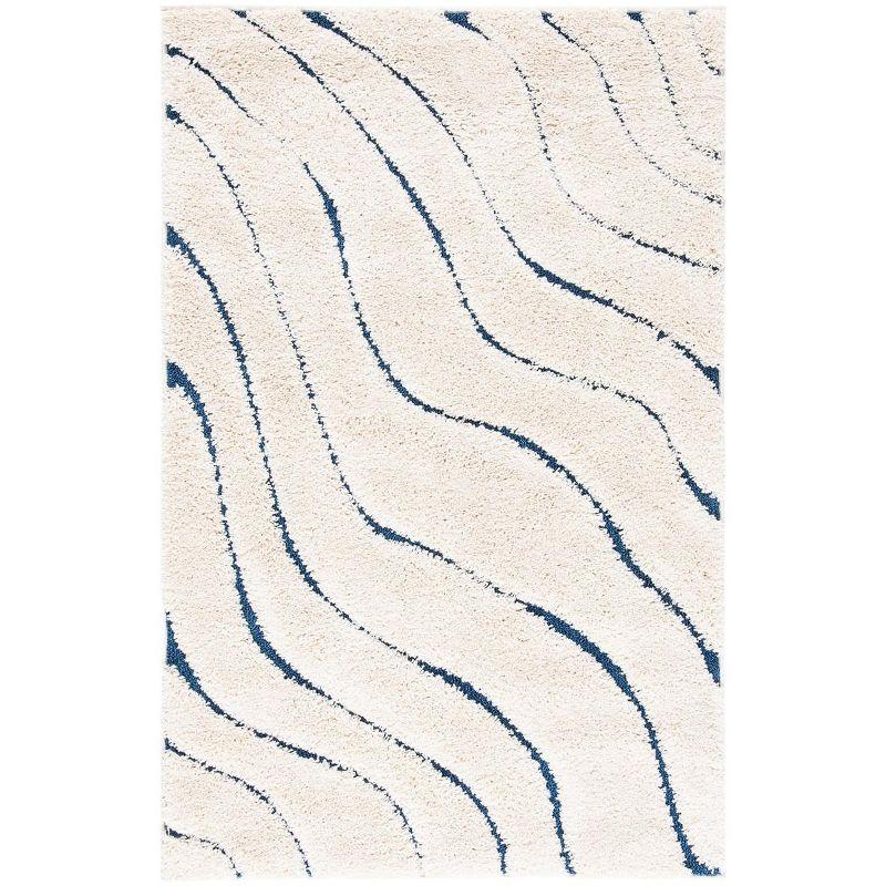 Cream and Blue Abstract Tufted Shag Area Rug