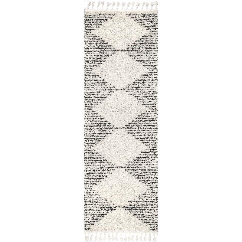 Off-White Synthetic Moroccan Diamond Shag Runner Rug with Braided Tassels