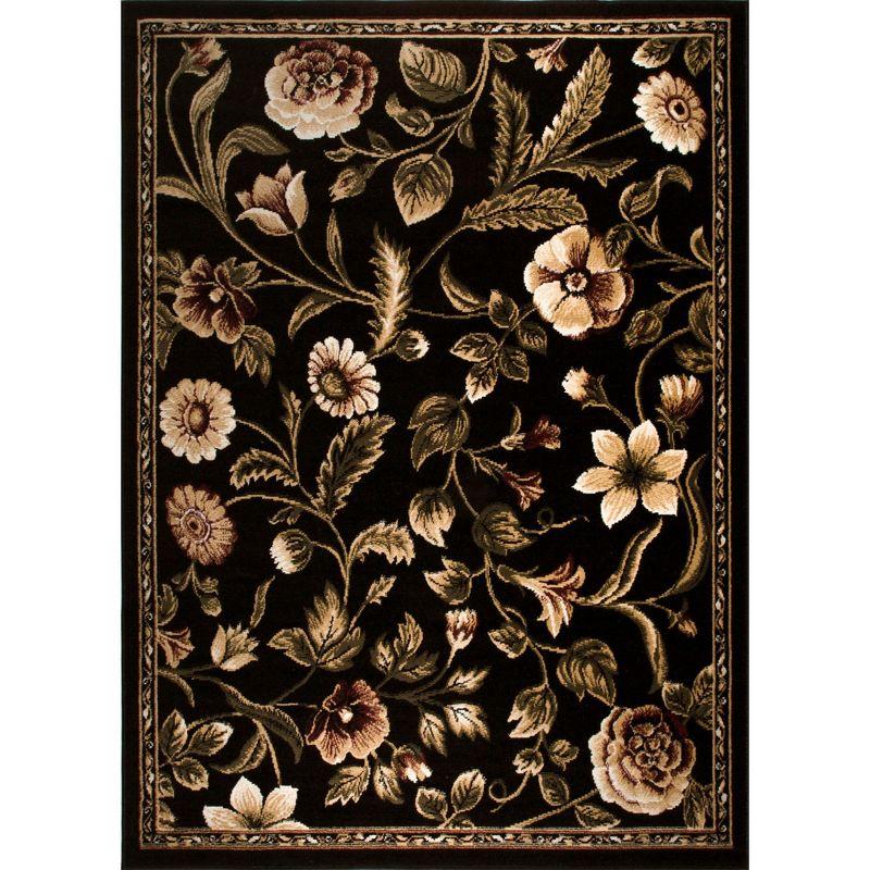 Black Floral Reversible Washable Synthetic Area Rug, 7'8" x 10'4"