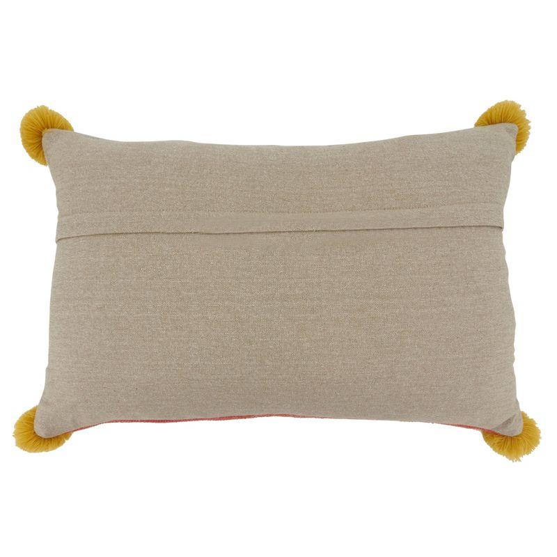 Multicolor Geometric Embroidered Cotton Lumbar Pillow with Pom Poms